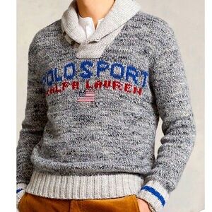 Polo Ralph Lauren Sport USA Flag Wool Embroidered Grey Shawl Collar Sweater